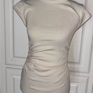 Zara Cream Ribbed Cap-Sleeve Ruched Tee